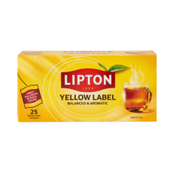 Lipton Yellow Label Te. Den klassiske og ikoniske gule �ske med det r�de Lipton logo og billedet af et glas varm, indbydende sort te.