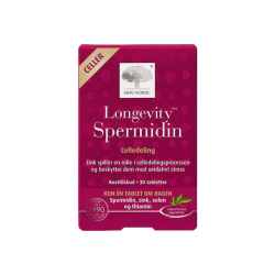 New Nordic Longevity Spermidin �ske pr�senteret p� lyst marmor, ledsaget af gyldne hvedekerner for at illustrere det aktive spermidin-ekstrakt, i et lyst skandinavisk klinisk milj�.
