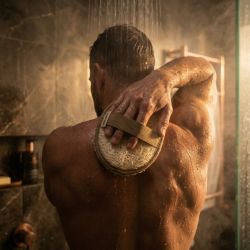 En mand set bagfra skrubber sin ryg med en Luffa-svamp under en bruser i et dampende badev�relse med gyldent lys.