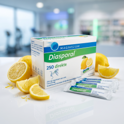 Magnesium Diasporal �ske og sticks pr�senteret p� en ren hvid overflade med friske, saftige citronb�de.