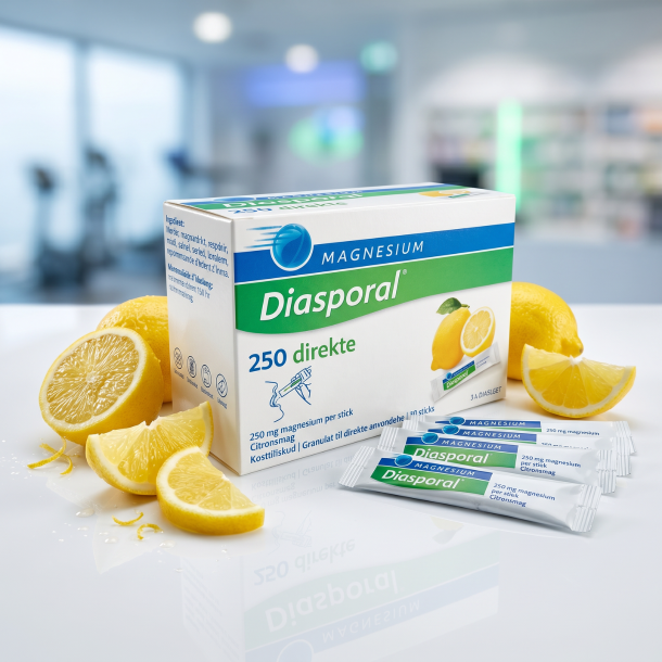 Magnesium Diasporal �ske og sticks pr�senteret p� en ren hvid overflade med friske, saftige citronb�de.