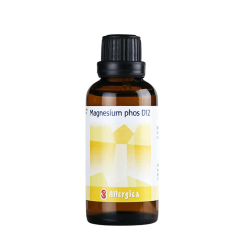Allergica Magnesium phos. D12 50 ml flaske med hvidt m�rkat og lysebl�/violette detaljer. Dansk h�ndpotenseret hom�opati og cellesalt nr. 7.