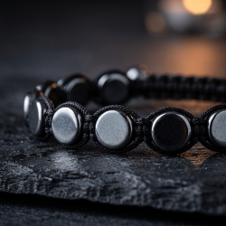 N�rbillede af et magnetisk h�matit Shamballa armb�nd med flade, metallisk gr� perler, der symboliserer ro og grounding.