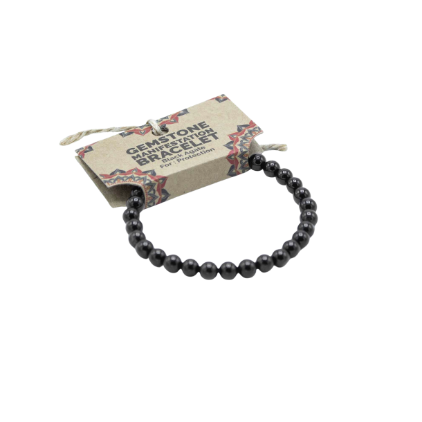 Black Agate manifestationsarmb�nd Protection med blanksorte krystalperler til beskyttelse og styrke.
