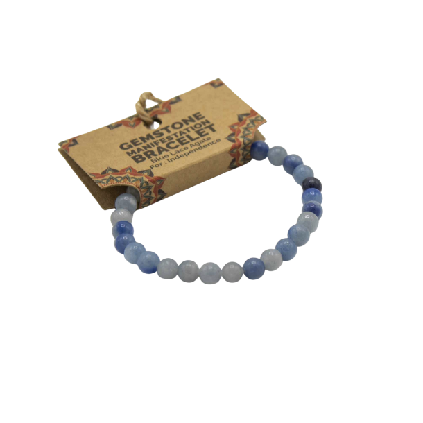 Blue Lace Agate manifestationsarmb�nd Independence med lysebl� krystalperler til uafh�ngighed og klar kommunikation.
