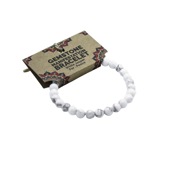 White Jasper manifestationsarmb�nd Peace med hvide krystalperler til indre fred, ro og mental balance.