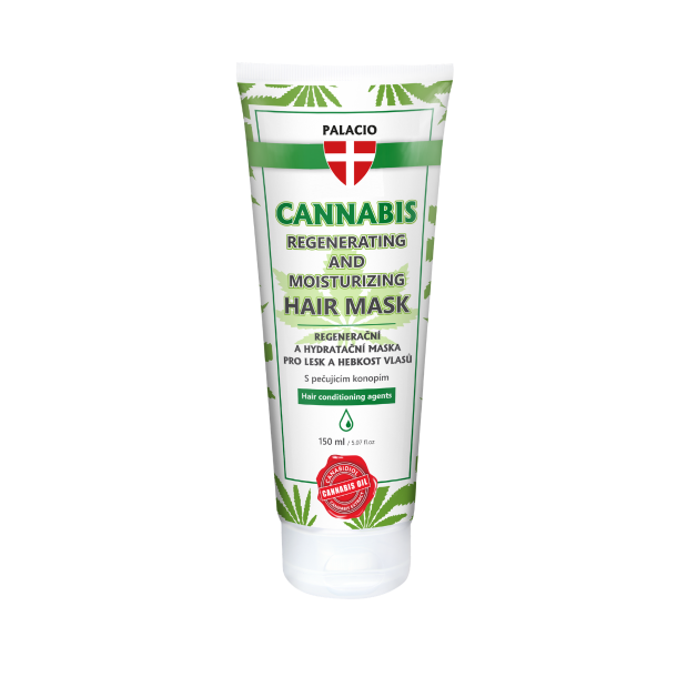 Hvid tube med Palacio Cannabis Regenerating and Moisturizing Hair Mask. Tuben har r�d-hvidt Palacio-logo, gr�nt blad-m�nster og tekster p� engelsk og tjekkisk. Indeholder 150 ml og har et 'Original Cannabis Kosmetika'-stempel.