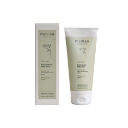 Mellisa Multivitamin Body Wash 200 ml. Salviegr�n emballage og tube med botanisk tryk med aloe vera og acai b�r.