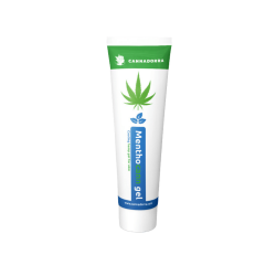 En 100 ml hvid tube med Cannadorra Menthocann cooling gel. Tuben har et gr�nt hampblad, bl� tekst og mynteblade illustreret p� forsiden.