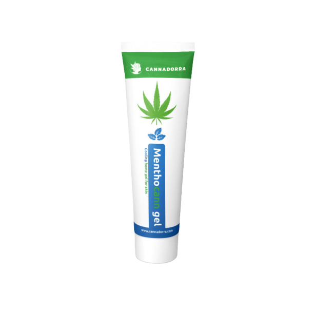 En 100 ml hvid tube med Cannadorra Menthocann cooling gel. Tuben har et gr�nt hampblad, bl� tekst og mynteblade illustreret p� forsiden.