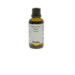 Allergica Mercurius bijod. comp. 50 ml flaske med hvidt m�rkat og lysebl� detaljer. Dansk h�ndpotenseret hom�opati.