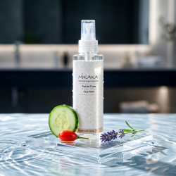 Mikaka Face Mist pr�senteret over rent, krusende vand omgivet af frisk agurk, r�de gojib�r og lavendel.