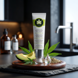 Hemphilia ansigtscreme pr�senteret p� m�rk skifer omgivet af gr�nne hampeblade, frisk avocado og en fugtgivende dr�be hyaluronsyre i morgenlys.