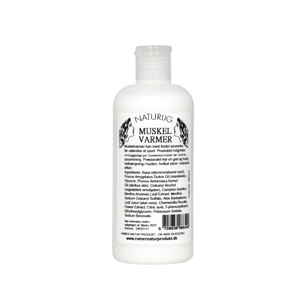 R�mer Muskelvarmer 250 ml i klassisk hvid flaske med praktisk vippe-l�g og sort illustration, ideel til lindring af sportsskader og muskelsp�ndinger.