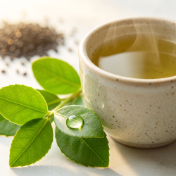 Makrobillede af friske Yerba Mate blade og dampende gr�n te, der symboliserer naturlig forbr�nding og kraften fra planteriget.