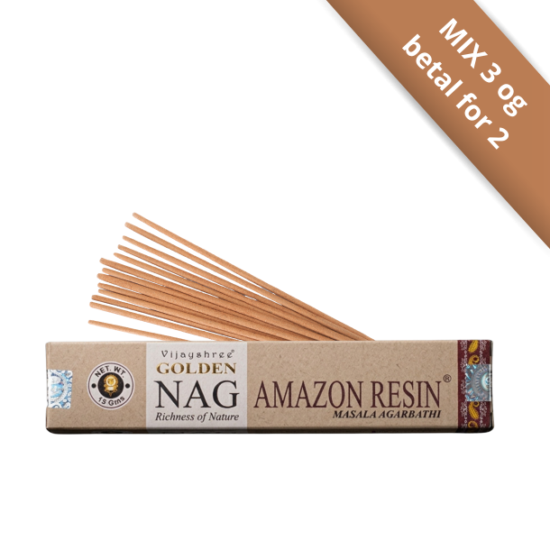 Golden Nag Amazon Resin 15g eksklusiv r�gelse i naturbrun og guld indpakning &ndash; H�ndrullede pinde fra Bangalore pr�senteret p� shoppen.