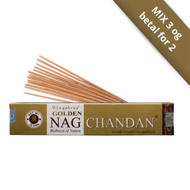 Golden Nag Chandan 15g eksklusiv r�gelse i guld og brun indpakning &ndash; H�ndrullede pinde fra Bangalore pr�senteret p� shoppen.