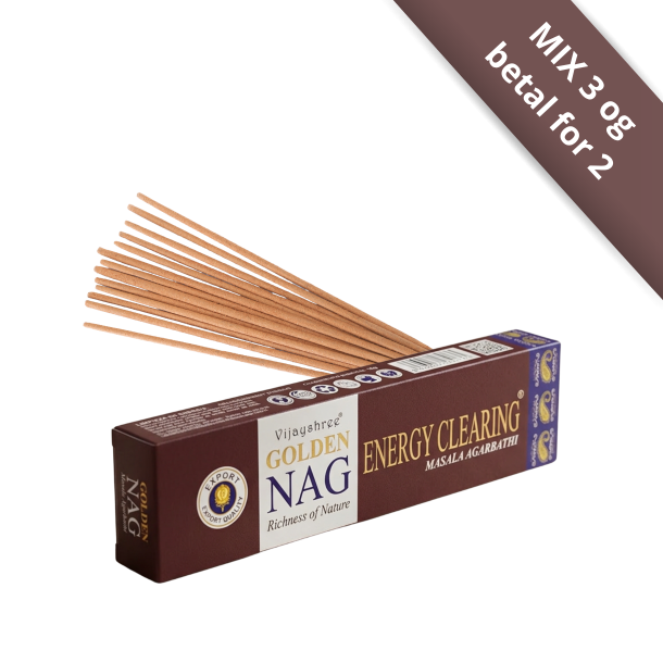 Golden Nag Energy Clearing 15g eksklusiv r�gelse i m�rkebrun og guld indpakning &ndash; H�ndrullede Masala pinde pr�senteret p� shoppen.