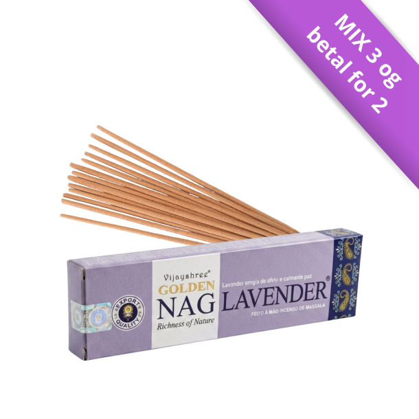 Golden Nag Lavender 15g eksklusiv r�gelse i lilla og hvid indpakning &ndash; H�ndrullede pinde fra Bangalore pr�senteret p� shoppen.
