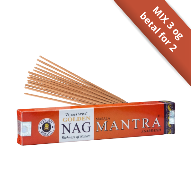Golden Nag Mantra 15g eksklusiv r�gelse i orange og guld indpakning &ndash; H�ndrullede pinde fra Bangalore pr�senteret p� shoppen.
