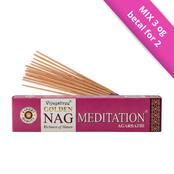 Golden Nag Meditation 15g eksklusiv r�gelse i magenta og guld indpakning &ndash; H�ndrullede pinde fra Bangalore pr�senteret p� shoppen.