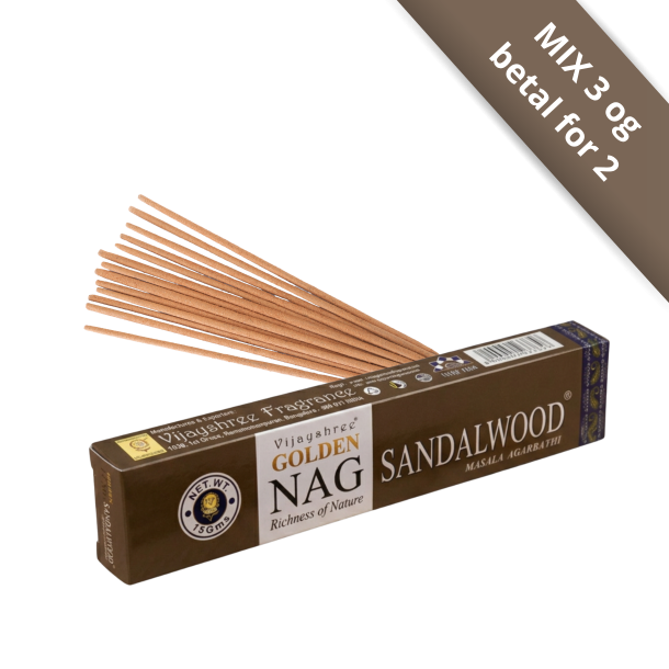 Golden Nag Sandalwood 15g eksklusiv r�gelse i gyldenbrun og hvid indpakning &ndash; H�ndrullede Masala pinde pr�senteret p� shoppen.