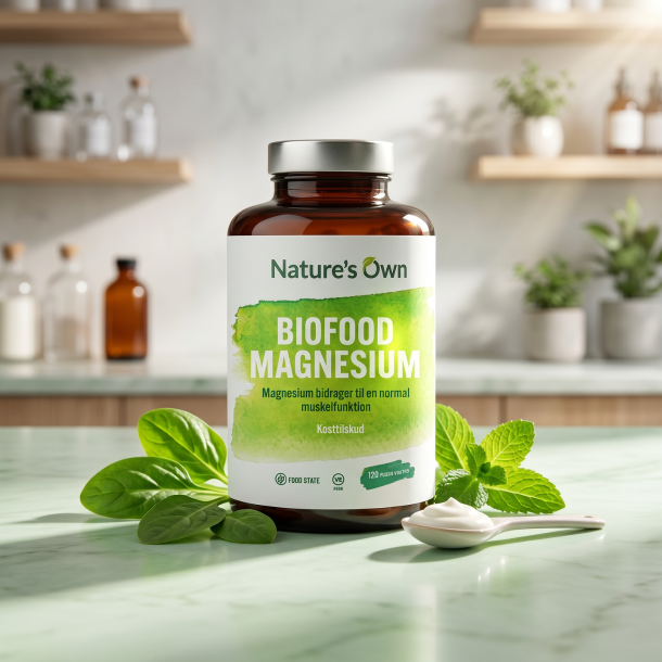 Nature's Own Biofood Magnesium flaske pr�senteret p� lyst gr�nt marmor, ledsaget af et frisk blad for at illustrere renhed og Food State kvalitet i et eksklusivt apoteker-milj�.