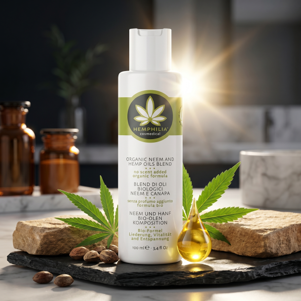 Hemphilia ren neem- og hampolie pr�senteret p� r� sandsten omgivet af gr�nne hampeblade, neem-fr� og gyldne oliedr�ber i et klinisk luksusmilj�.