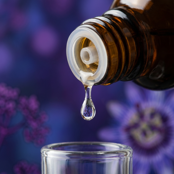 Et krystalklart makrobillede af en ren, vital vanddr�be, der falder fra den indbyggede dr�bet�ller p� en 1:1 realistisk m�rk ravfarvet glasflaske. Den bl�dt sl�rede baggrund kombinerer dybe, beroligende violette nuancer med sarte bl� og botaniske gr�nne glimt (Baldrian/Havre/Passionsblomst). Lyset er klart, groundende, og udstr�ler absolut forl�sning af indre uro og holistisk pr�cision.