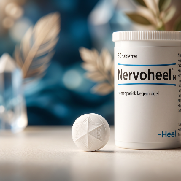 Et krystalklart makrobillede af en perfekt, struktureret og t�r hvid hom�opatisk tablet placeret sirligt p� en ren overflade ved siden af den realistiske Nervoheel pilled�se fra Heel (helt uden pipetter, dr�bet�llere eller v�ske). Den bl�dt sl�rede baggrund kombinerer dybe, rolige oceanbl� nuancer, rene krystallinske lysglimt og varme botaniske hints, som diskret repr�senterer den tyske farmaceutiske pr�cision og m�det mellem plante-, dyre- og mineralriget i D4. Lyset er varmt, bl�dt og groundende, hvilket fremh�ver total GMP-renhed uden at virke for sterilt. Knivskarpt fokus.