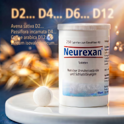 Et krystalklart makrobillede af en perfekt, struktureret og t�r hvid hom�opatisk tablet placeret sirligt p� en ren overflade ved siden af den realistiske store hvide Neurexan d�se fra Heel (helt uden pipetter, dr�bet�llere eller v�ske). Den bl�dt sl�rede baggrund kombinerer varme, dybe tusm�rkebl� (twilight-blue) nuancer, bl�de gyldne havre-toner og str�lende, krystallinske lysglimt, som diskret repr�senterer den tyske farmaceutiske pr�cision og sp�ndvidden fra D2 til D12. Lyset er varmt, bl�dt og groundende, hvilket fremh�ver total GMP-renhed uden at virke for sterilt. Knivskarpt fokus.