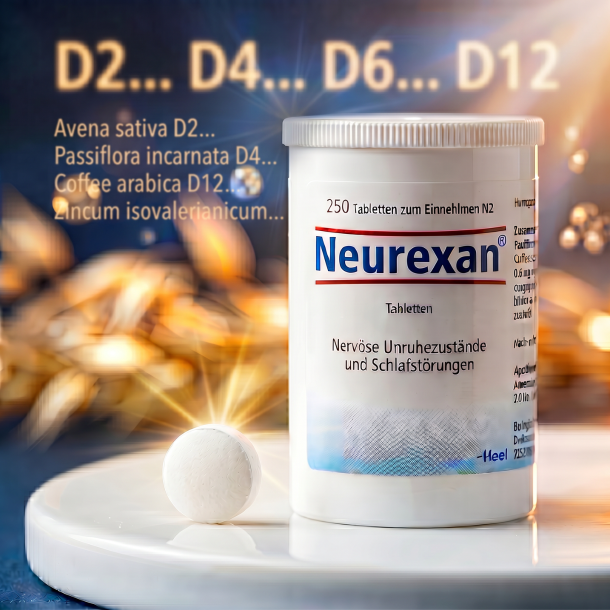 Et krystalklart makrobillede af en perfekt, struktureret og t�r hvid hom�opatisk tablet placeret sirligt p� en ren overflade ved siden af den realistiske store hvide Neurexan d�se fra Heel (helt uden pipetter, dr�bet�llere eller v�ske). Den bl�dt sl�rede baggrund kombinerer varme, dybe tusm�rkebl� (twilight-blue) nuancer, bl�de gyldne havre-toner og str�lende, krystallinske lysglimt, som diskret repr�senterer den tyske farmaceutiske pr�cision og sp�ndvidden fra D2 til D12. Lyset er varmt, bl�dt og groundende, hvilket fremh�ver total GMP-renhed uden at virke for sterilt. Knivskarpt fokus.