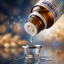 Et krystalklart makrobillede af selve den indbyggede, hvide plast-dr�bet�ller (euro-dropper) i toppen af en m�rk ravfarvet apotekerflaske (Neurexan fra Heel), der netop afgiver en perfekt, afrundet v�skedr�be direkte fra flaskens indre plastikindsats (helt uden brug af pipetter eller gummisugere). Den bl�dt sl�rede baggrund kombinerer varme, dybe tusm�rkebl� (twilight-blue) nuancer, bl�de gyldne havre-toner og str�lende lysglimt, som diskret repr�senterer den tyske farmaceutiske pr�cision og den store sp�ndvidde fra D2 til D12. Lyset er varmt, bl�dt og groundende, hvilket fremh�ver total GMP-renhed og indre ro. Knivskarpt fokus.