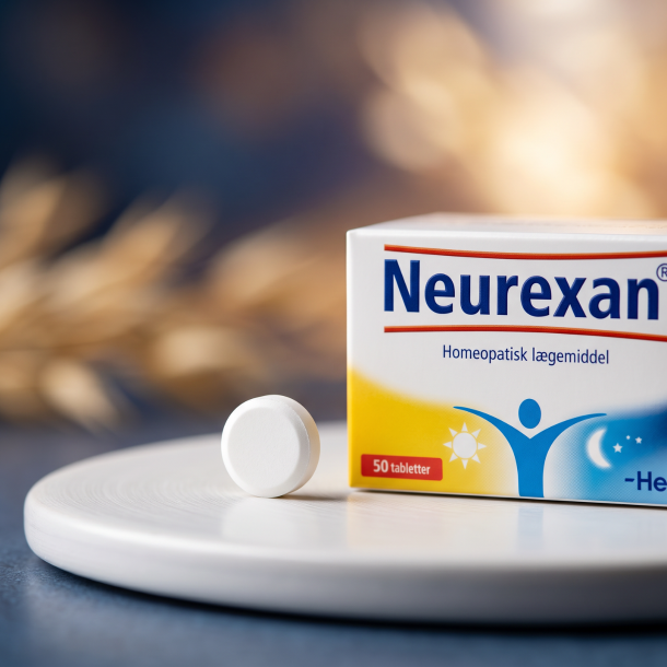 Et krystalklart makrobillede af en perfekt, struktureret og t�r hvid hom�opatisk tablet placeret sirligt p� en ren overflade ved siden af den realistiske Neurexan �ske fra Heel (helt uden pipetter, dr�bet�llere eller v�ske). Den bl�dt sl�rede baggrund kombinerer varme, dybe tusm�rkebl� (twilight-blue) nuancer, bl�de gyldne havre-toner og str�lende, krystallinske lysglimt, som diskret repr�senterer den tyske farmaceutiske pr�cision og sp�ndvidden fra D2 til D12. Lyset er varmt, bl�dt og groundende, hvilket fremh�ver total GMP-renhed uden at virke for sterilt. Knivskarpt fokus.