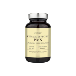 Nordbo Female Support PMS. En elegant m�rk glasd�se med en luksuri�s guldfarvet etiket og s�lvfarvet l�g, der indeholder 90 veganske kapsler med safran, salvie og B6-vitamin for kvinders trivsel.