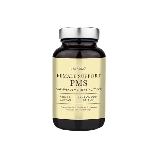 Nordbo Female Support PMS. En elegant m�rk glasd�se med en luksuri�s guldfarvet etiket og s�lvfarvet l�g, der indeholder 90 veganske kapsler med safran, salvie og B6-vitamin for kvinders trivsel.
