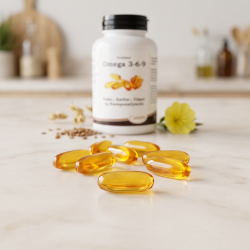 Camette Omega 3-6-9 d�se pr�senteret p� lyst beige marmor, ledsaget af ravgyldne oliekapsler, h�rfr� og natlys-blomst i et friskt, lyst apoteker-milj�.