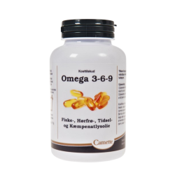 Camette Omega 3-6-9 kosttilskud med 120 stk. Hvid plastd�se med sort l�g og et billede af gyldne olie-kapsler, der indeholder fiskeolie, h�rfr�olie, tidselolie og k�mpenatlysolie.