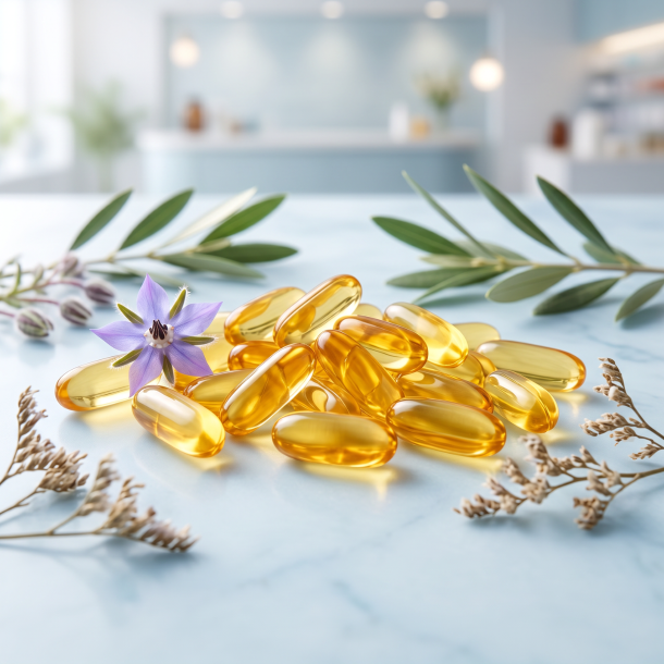 Biosym OmniOmega d�se pr�senteret p� lyst bl�t marmor, ledsaget af ravgyldne oliekapsler, hjulkrone-blomst og en olivenkvist i et rent apoteker-milj�.