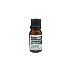 En lille m�rk ravfarvet glasflaske med sort skruel�g indeholdende 10 ml ren �terisk oregano olie. Etiketten siger 'Ancient Wisdom, Oregano, Origanum Vulgare, Origin Spain'.