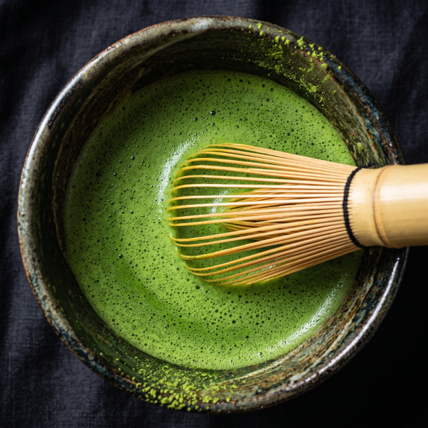 Et n�rbillede ned i en traditionel, m�rk japansk keramiksk�l (Chawan). En bambuspiskeris hviler i et perfekt, tykt og cremet lag af lysegr�nt skum fra ceremoniel matcha te.