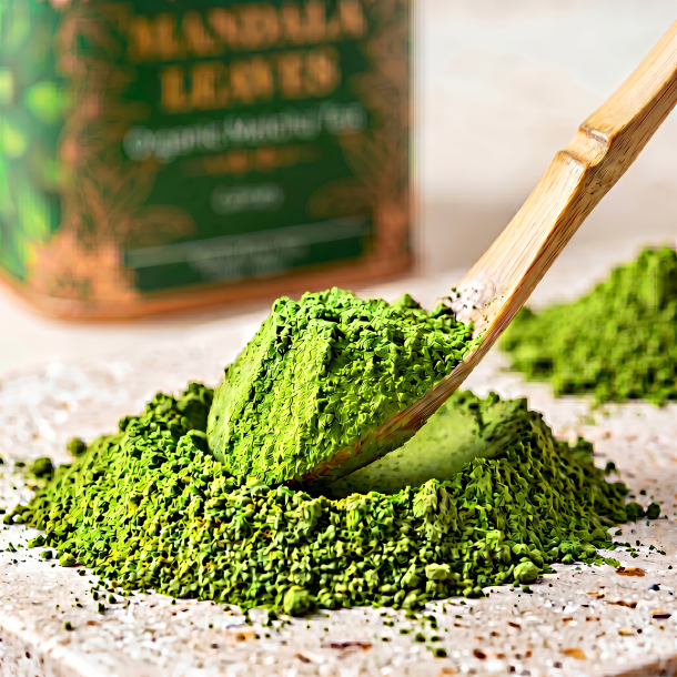 Et n�rbillede af en lille bambusske, der forsigtigt �ser en perfekt, bl�d bunke af intens, vibrerende gr�n matcha tepulver op. Pulveret har en silkebl�d, fint formalet tekstur.