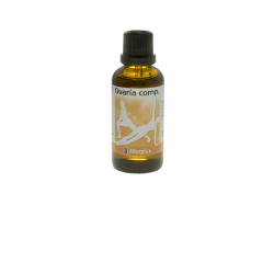 Allergica Ovaria comp. 50 ml flaske med hvidt m�rkat og bl�lige/violette detaljer. Dansk h�ndpotenseret hom�opati til kvindelig balance.