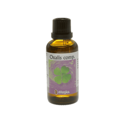En klassisk m�rkebrun apoteker-glasflaske fra Allergica. Etiketten har en lilla baggrund med et motiv af et gr�nt skovsyre-blad (Oxalis). Flasken indeholder 50 ml dr�ber og har en indbygget dr�bet�ller i toppen.