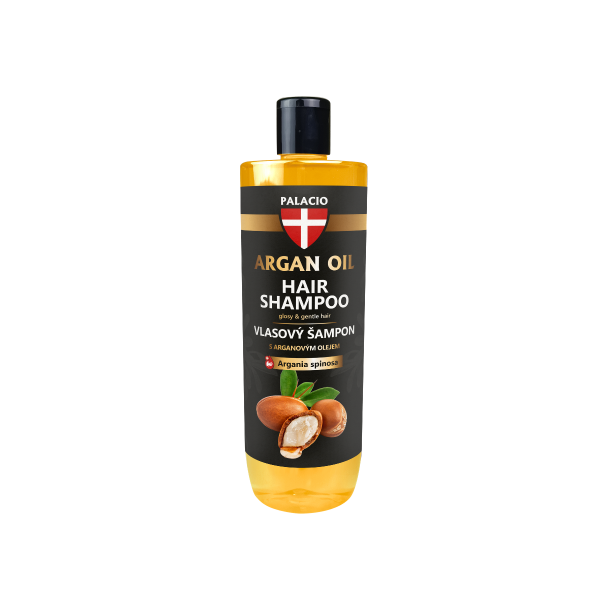 Palacio Argan Oil Luxury Hair Shampoo 500 ml &ndash; Eksklusiv flaske med gylden shampoo og m�rk etiket med argan-illustration