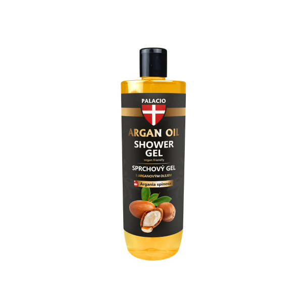 Palacio Argan Oil Luxury Shower Gel 500 ml &ndash; Eksklusiv flaske med gylden kropsvask og m�rk etiket med argan-illustration.