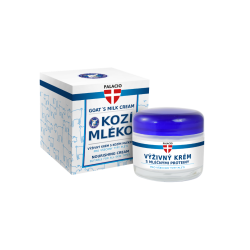 PALACIO Goat Milk Face Cream. En rund glaskrukke med et dybbl�t l�g, flankeret af en hvid �ske dekoreret med lysebl� geder og teksten 'KOZI MLEKO'.