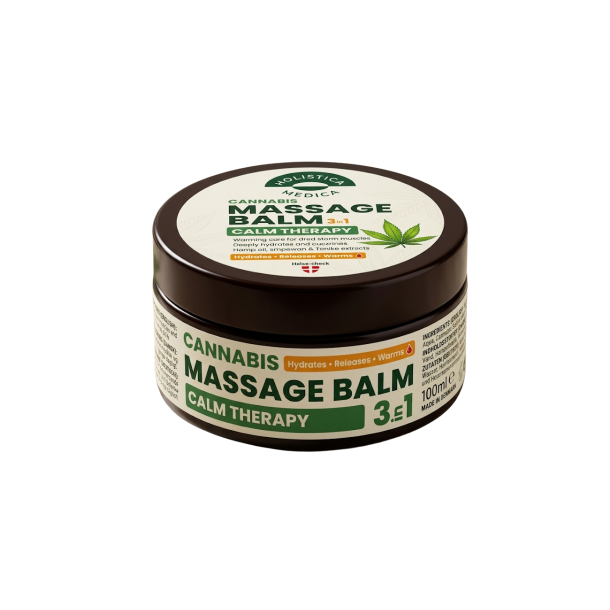 Cannabis Massage Balm 3-i-1 fra Palacio. En varmende massagecreme i en 300 ml beholder med hampeblade-illustration og gr�nt design.
