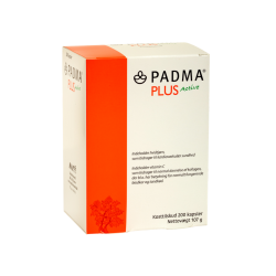 Padma Plus Active 200 kapsler. En oranger�d �ske med botanisk logo, der indeholder et avanceret urtekompleks med hvidtj�rn og C-vitamin til hjerte og blodkar.
