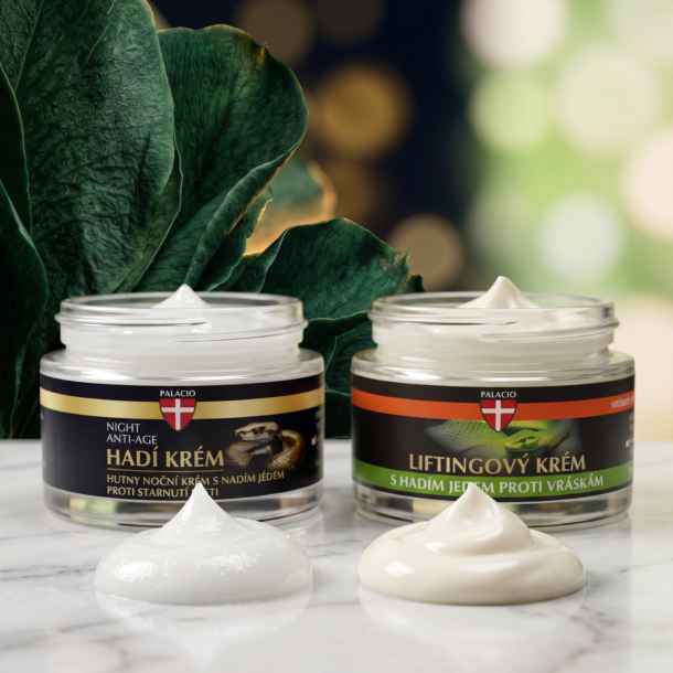 Et krystalklart makrobillede af to elegante klatter af creme &ndash; �n let og skinnende hvid (dagcreme) og �n rig, t�t og silkebl�d (natcreme) &ndash; placeret sirligt p� en poleret marmoroverflade foran de to luksuri�se Palacio Snake Cream glaskrukker (helt uden pipetter eller dr�bet�llere). Den bl�dt sl�rede baggrund kombinerer dybe natte-sorte/gyldne nuancer med friske, lyse gr�nne toner, som diskret og elegant repr�senterer overgangen mellem dag og nat samt den botaniske/bioteknologiske base. Lyset er eksklusivt, bl�dt og indbydende, hvilket fremh�ver total kosmetisk luksus. Knivskarpt fokus.